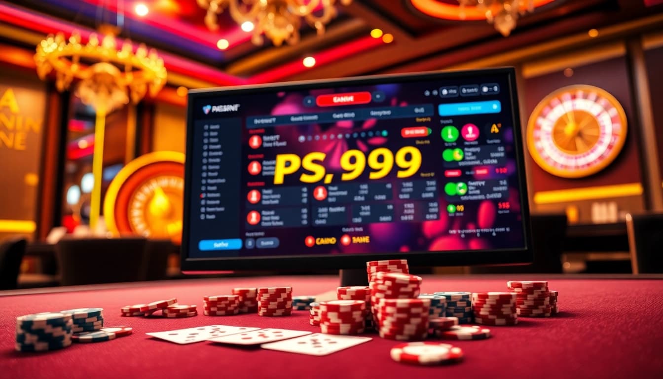 Winning at online gambling with the PS 99 platform, featuring vibrant casino visuals.