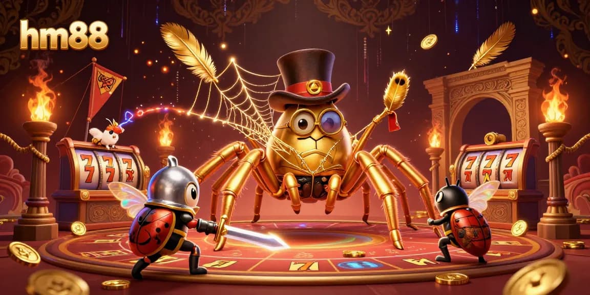 hm88 showcases a thrilling slot game scene featuring a golden tarantula, a beetle knight, and dynamic gaming elements.