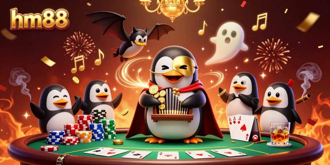Experience the vibrant gaming scene with hm88 from a cartoon penguin playing an organ surrounded by poker elements.