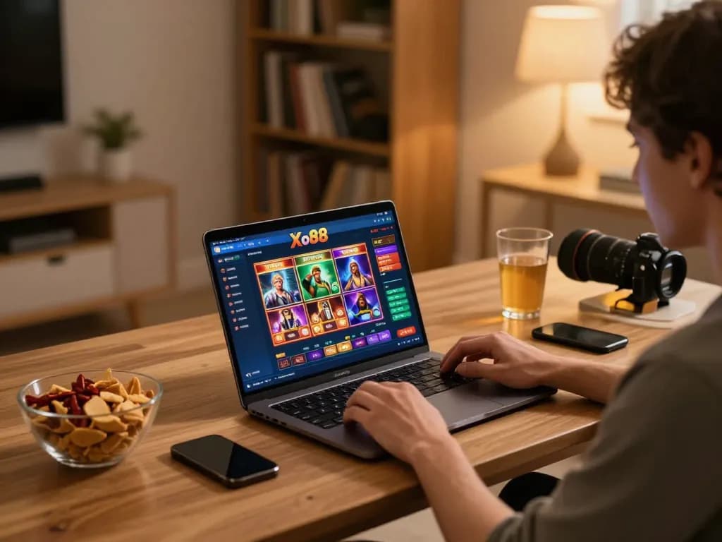 Experience exciting gameplay at Cổng game Xo88 in a cozy home gaming setup with snacks and a laptop