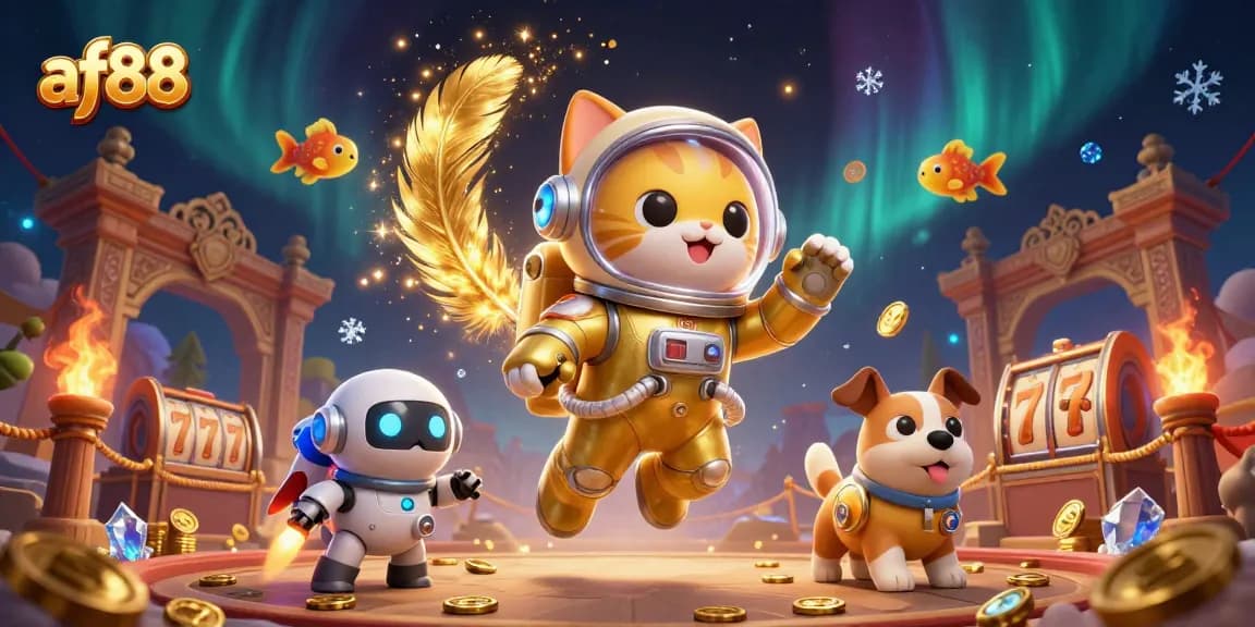 af88 enhances the gaming experience with a vibrant 3D illustration of a space cat, engaging in slot reels action