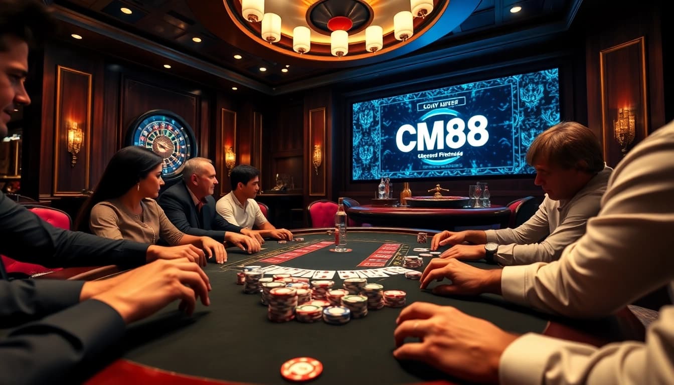 Players strategizing at a poker table in a casino featuring CM88 on a digital display.