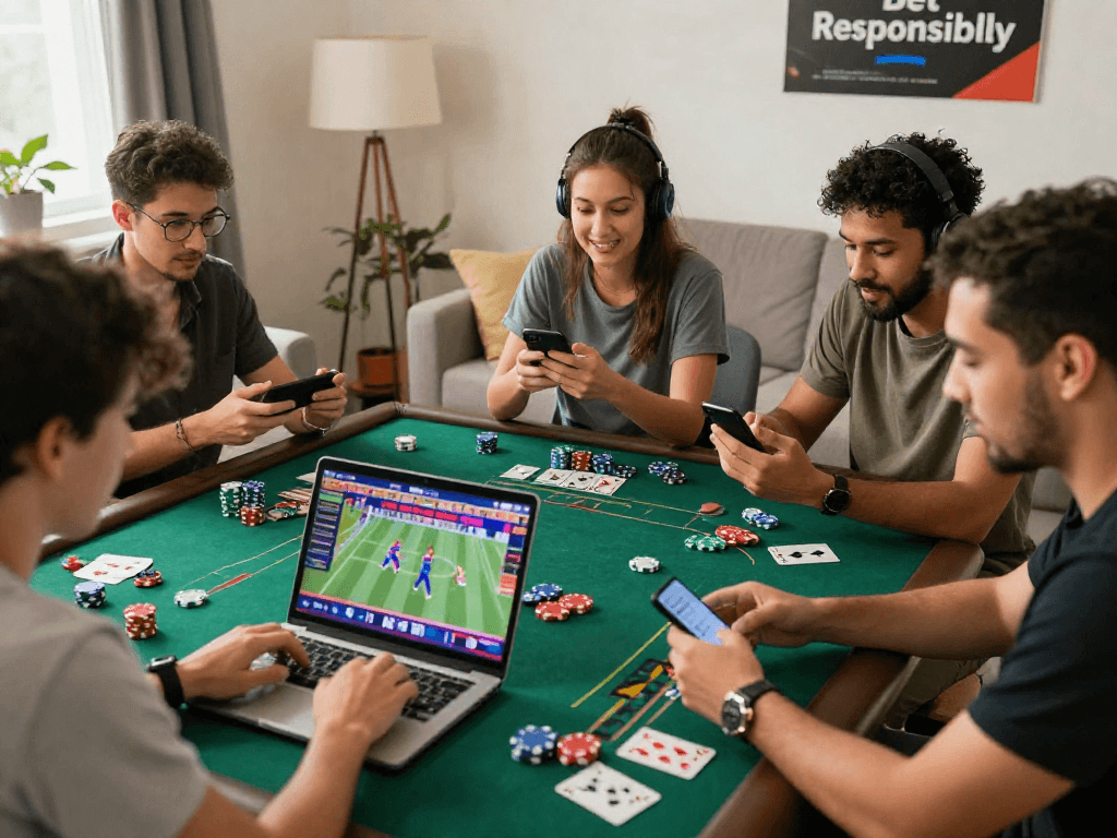 Friends enjoying online gambling activities at home, highlighting fun and responsible play on gambleonline
