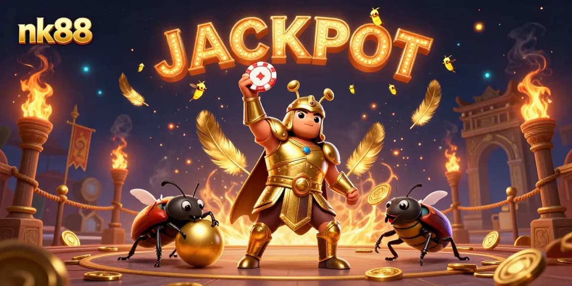 Enjoy exciting nk88 gaming with a victorious beetle lifting chips amid fireworks and golden coins.