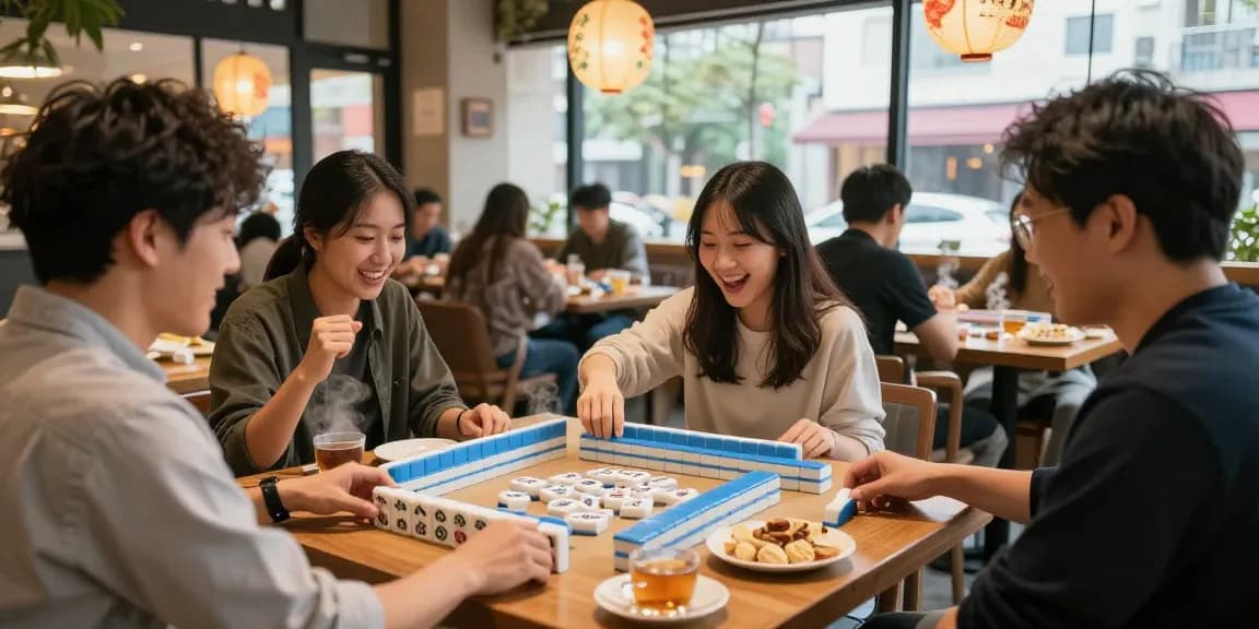 Exciting Mahjong game at https://hm88.cafe/ with diverse players, colorful tiles, and inviting cafe atmosphere.