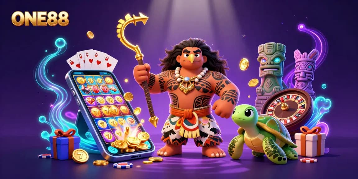 Engage with ONE88's vibrant world of online gambling featuring lively characters and dynamic gaming elements.