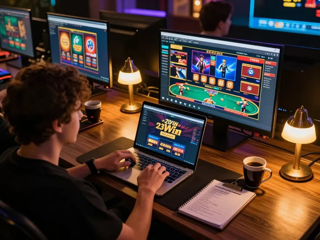 Engaging with 23Win through a modern gaming setup, showcasing strategic online gambling.