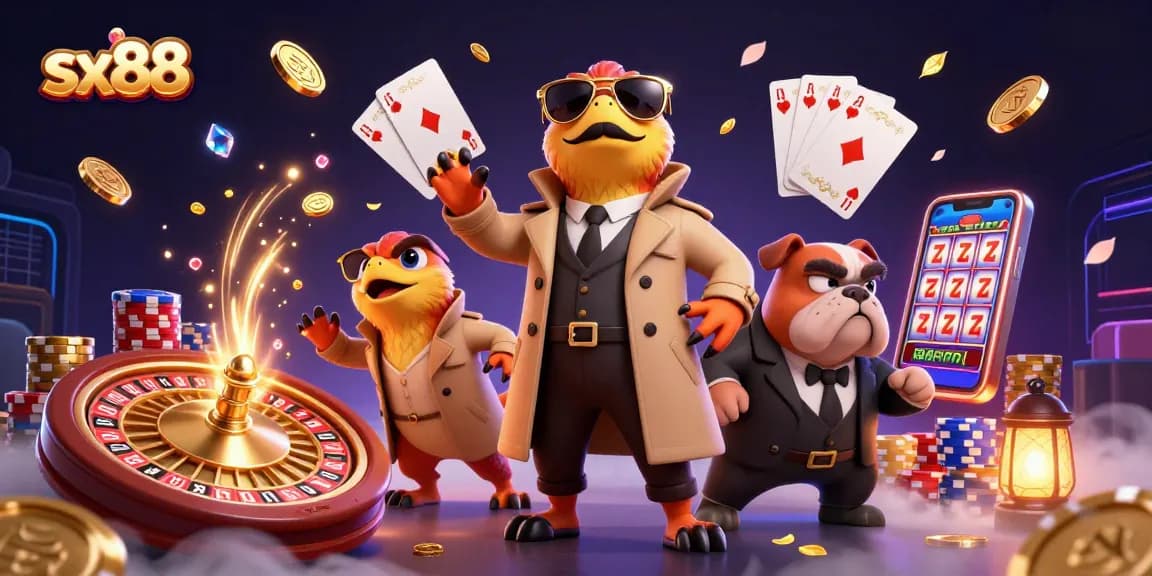 SX88 showcases a humorous scene of raptors in disguise attempting to enter a VIP casino, surrounded by lively casino elements.