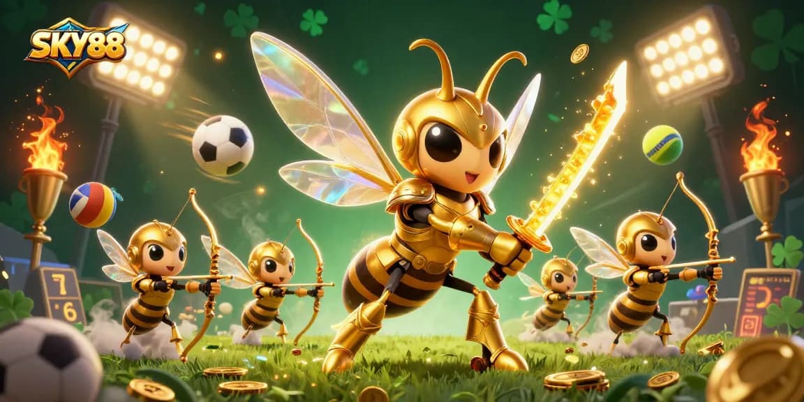 Experience thrilling gameplay at SKY88 with a golden samurai hornet and sports elements in a dynamic scene.