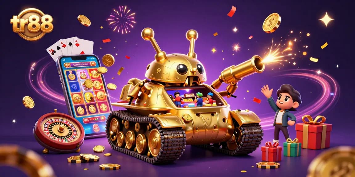 Win big at tr88 with a colorful casino scene featuring a golden beetle tank and exciting slot games.