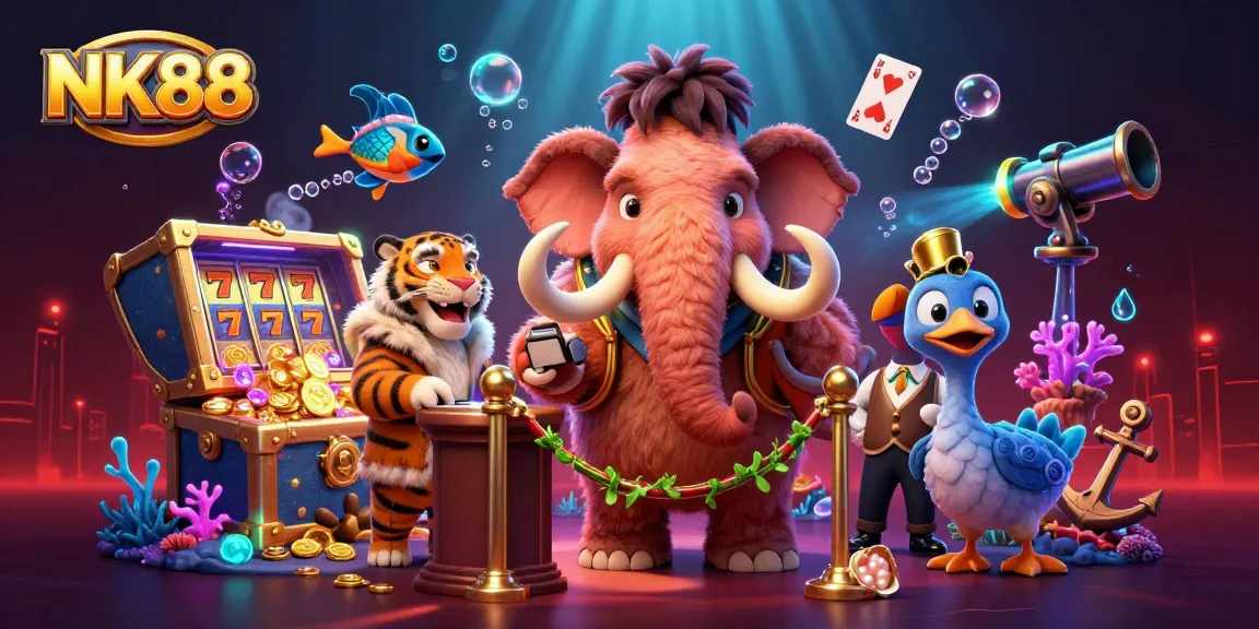 Experience the dynamic atmosphere of NK88 with vibrant characters at a casino scene featuring exciting slot elements.