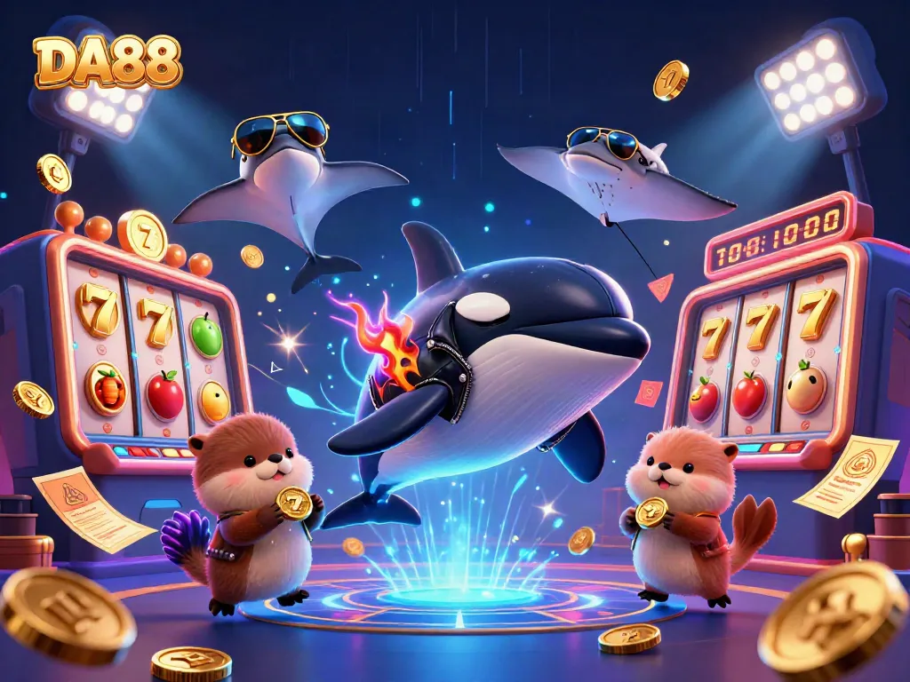 Bet big with DA88 – an exciting casino scene featuring orca, stingray, and otter characters!