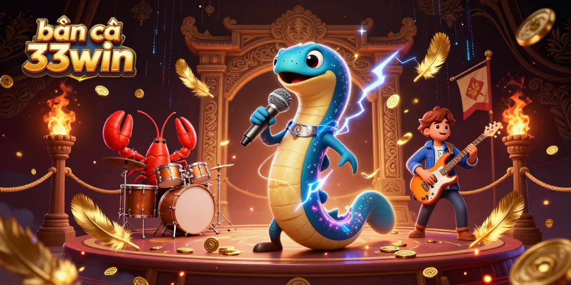 Bắn cá 33win showcases an exciting underwater casino scene with a DJ eel and dynamic band.