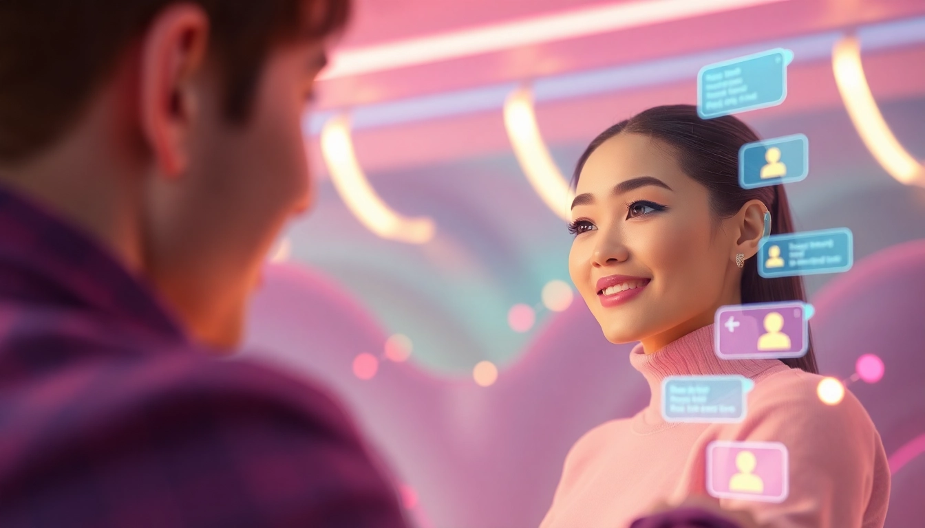 Engaging scene of a user interacting with a girlfriend AI, showcasing a friendly digital interface and vibrant colors.