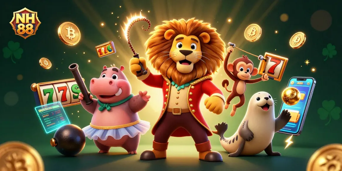 Experience the lively NH 88 atmosphere with slot visuals and vibrant characters in this casino-themed illustration.