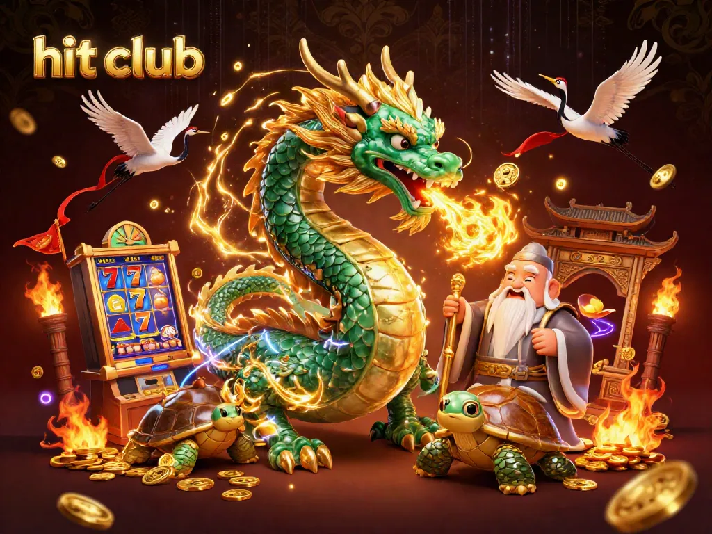 Join the excitement of hit club with a dynamic scene featuring a jade dragon, turtle sage, and flying cranes amidst vibrant slot games and golden coins.
