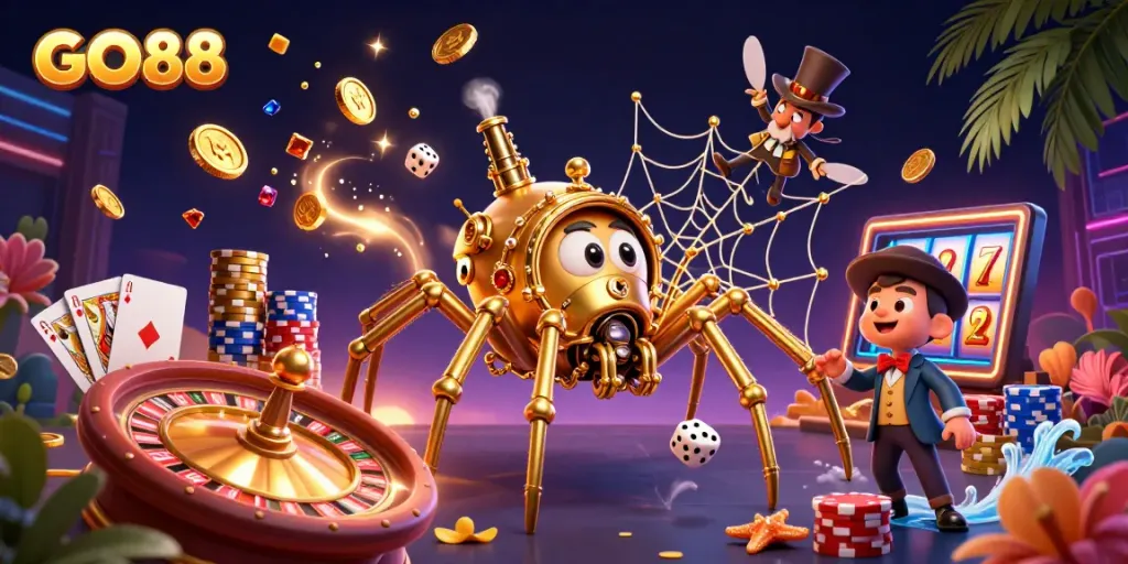 GO88 showcases thrilling moments at the casino with an enchanting spider web of fortunes and gaming excitement.