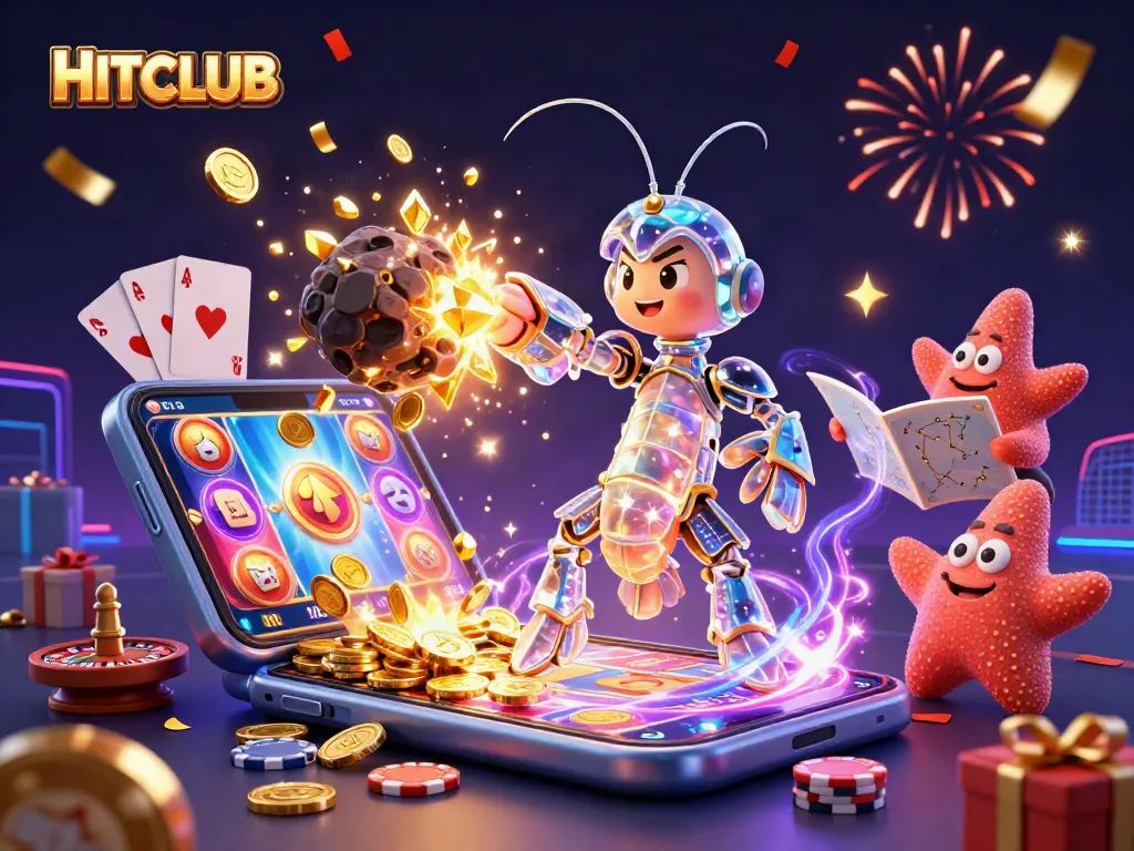 HitCLUB offers engaging gameplay with colorful slot games, backed by a vibrant casino-themed illustration.