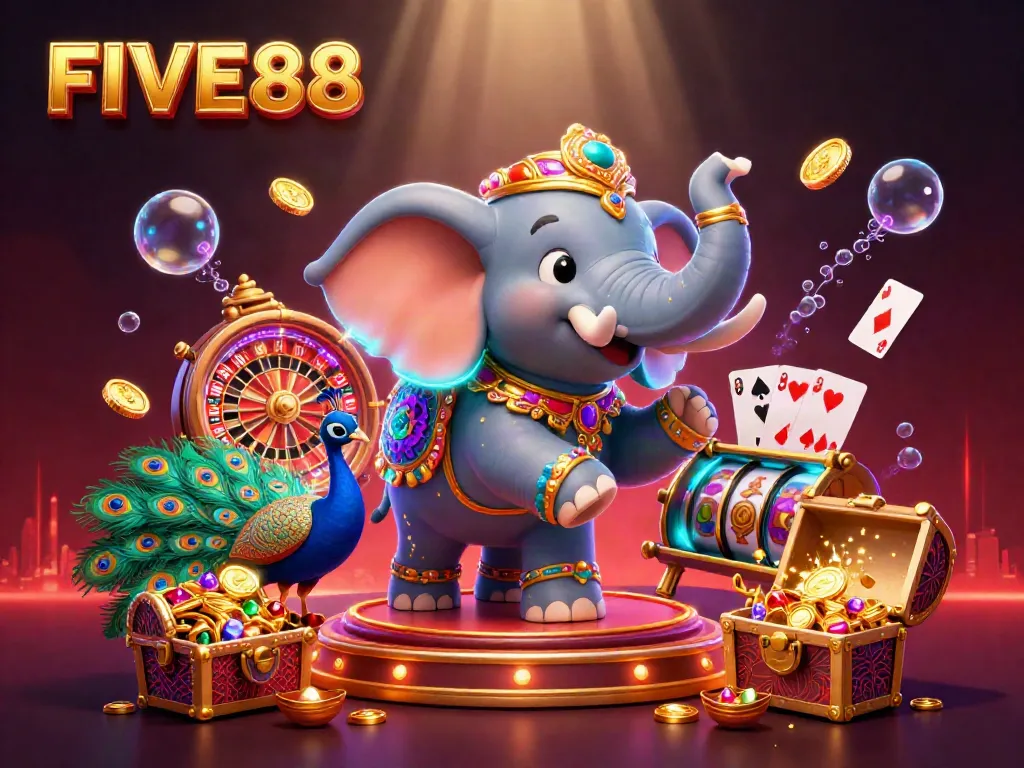 Experience thrilling gameplay with FIVE88 through colorful 3D visuals featuring dynamic casino elements.