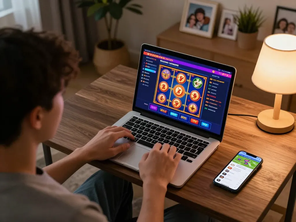Person engaging in online casino gaming on a laptop, showcasing the vibrant interface while using https://c168b.com/ for an immersive experience.