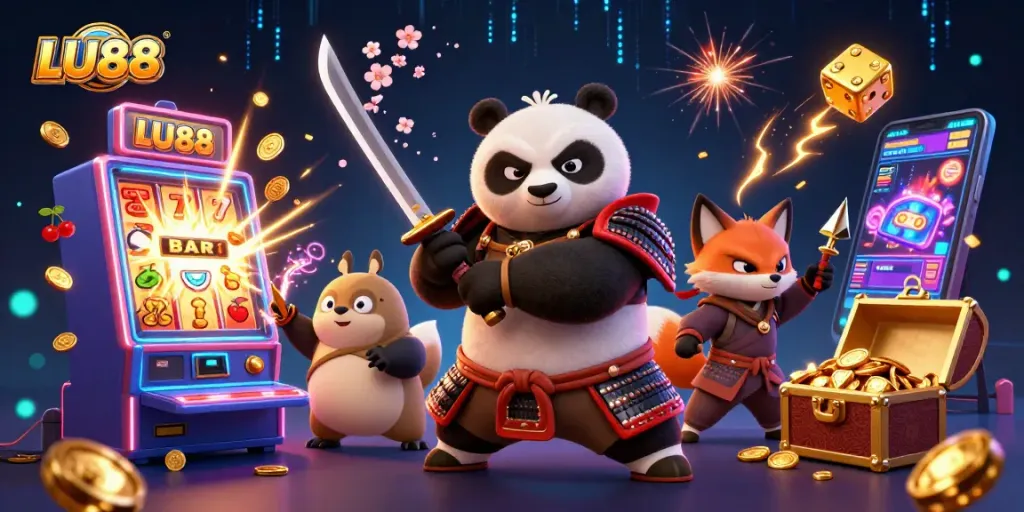 LU88 showcases thrilling 3D cartoon samurai panda and ninja fox in an energizing casino scene.