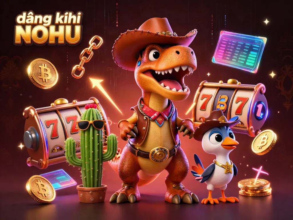 Engaging cartoon scene for đăng ký NOHU showcases a cowboy dinosaur and companions among vibrant slot elements.