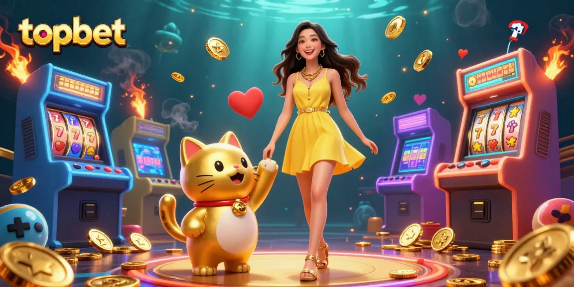 Engage with topbet's exciting features, highlighted by a joyful woman with a lucky cat in a vibrant casino scene.