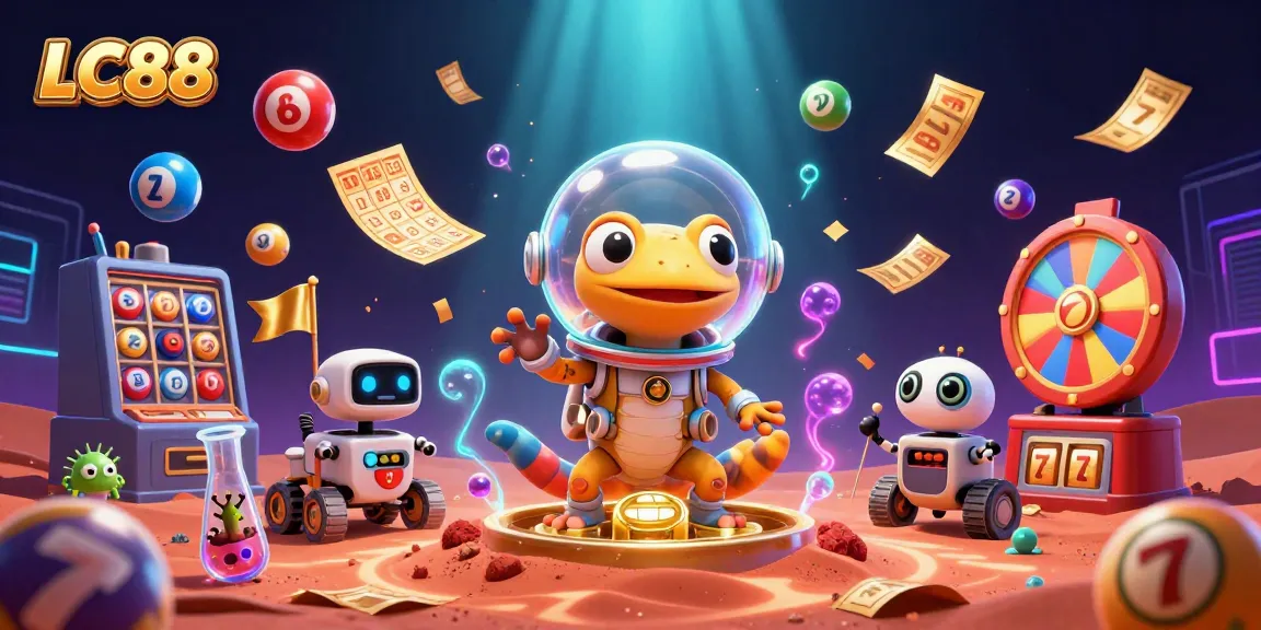 Engage with dynamic LC88 lottery action featuring colorful balls, a golden casino, and cartoon characters.