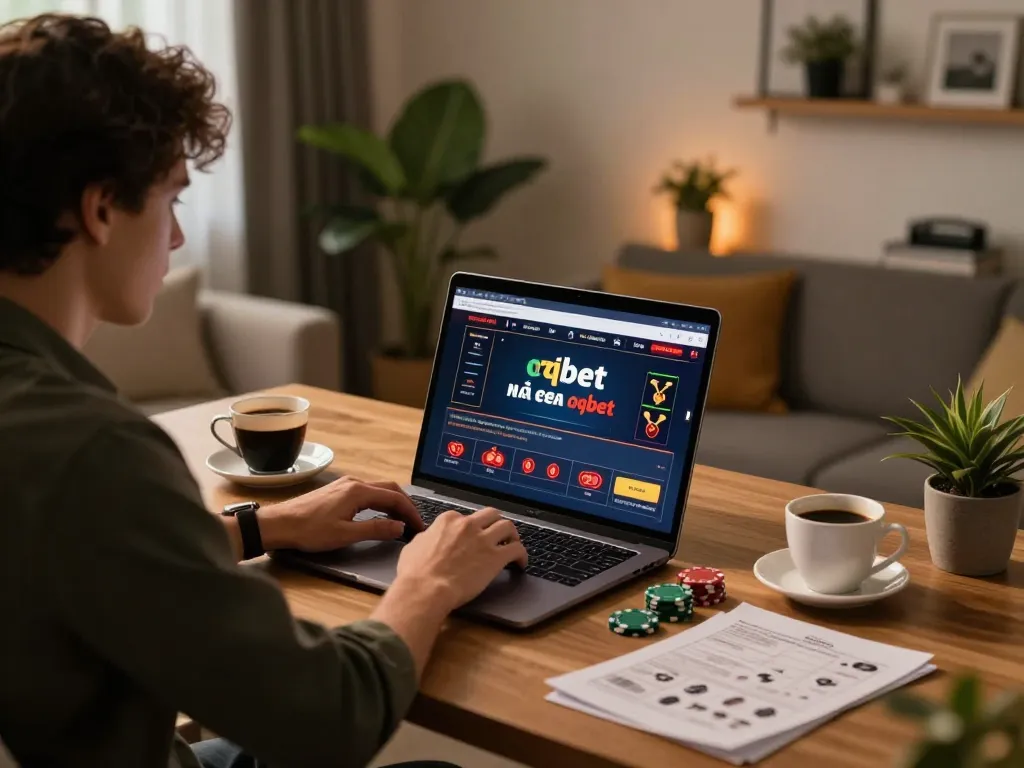 Engaging online gaming experience at Nhà cái oxbet with laptop and poker setup.