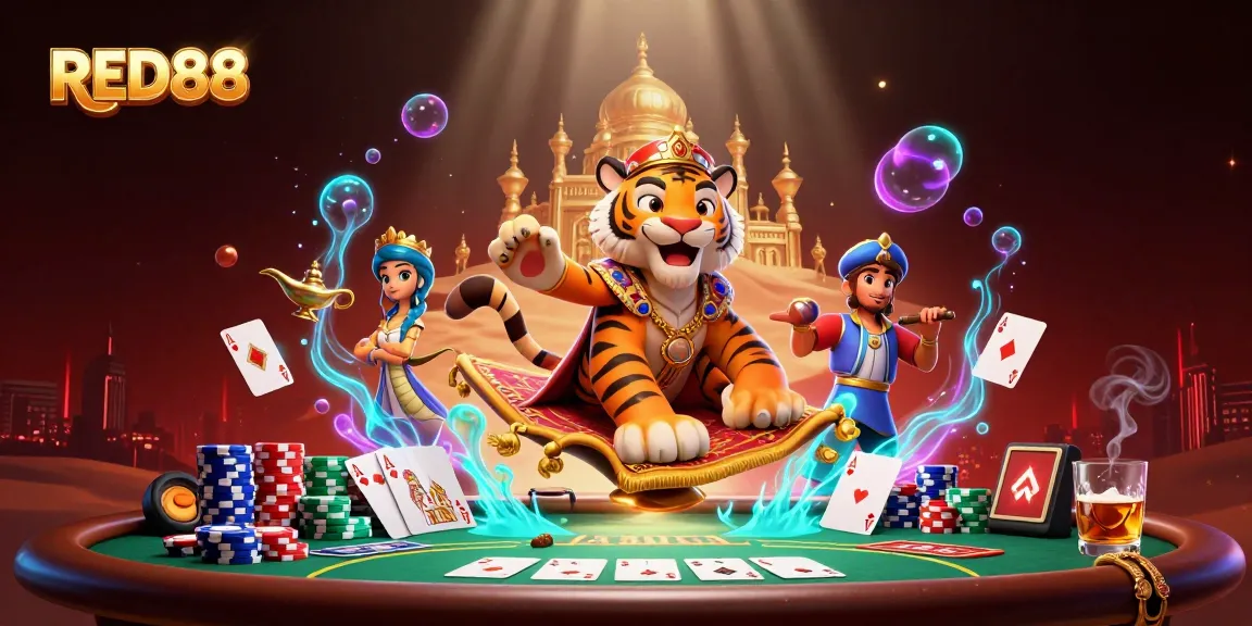Experience thrilling gameplay at RED88 with a magical Arabian Nights scene featuring poker excitement and vibrant elements.