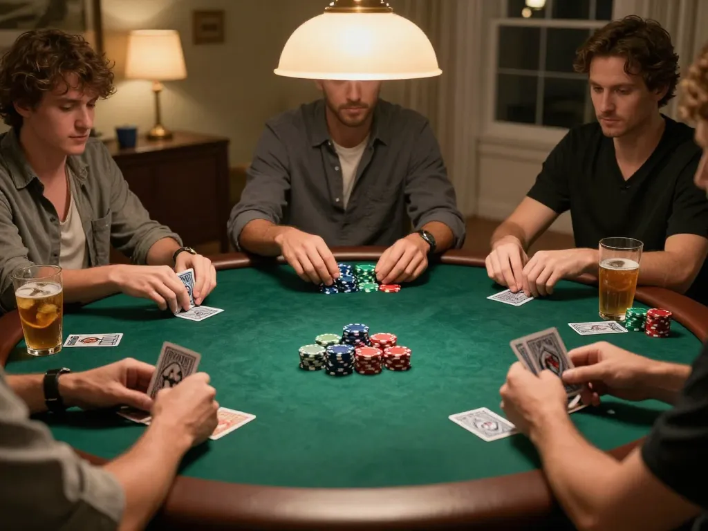 Players enjoying a Texas Hold'em game at home, engaged strategy using https://max88sss.com/ for better odds
