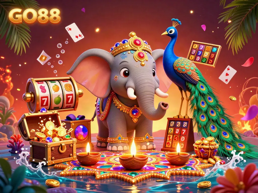 Experience the vibrant GO88 casino atmosphere with a dynamic 3D scene featuring a Diwali-themed elephant and casino elements.