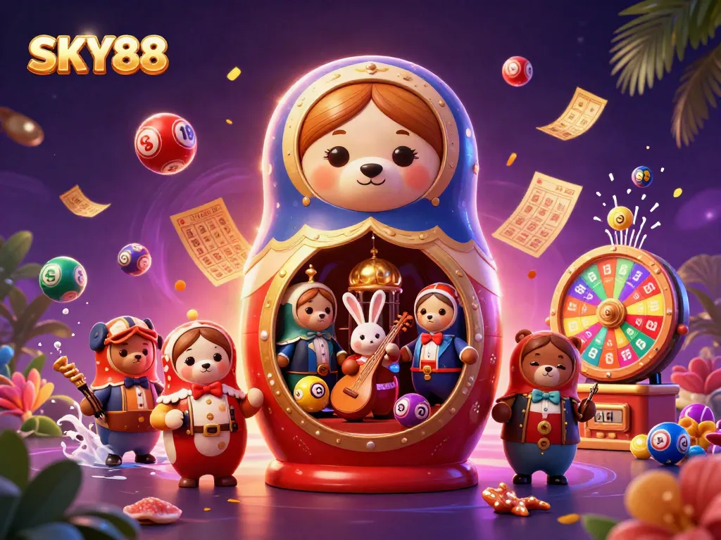 SKY88 gamers enjoying vibrant lottery excitement with bouncing colorful balls and festive elements