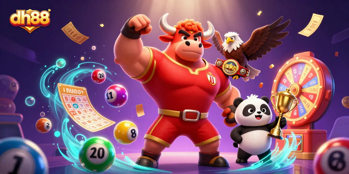 Win big at dh88 with dynamic lottery vibes featuring a victorious bull, eagle, and panda!