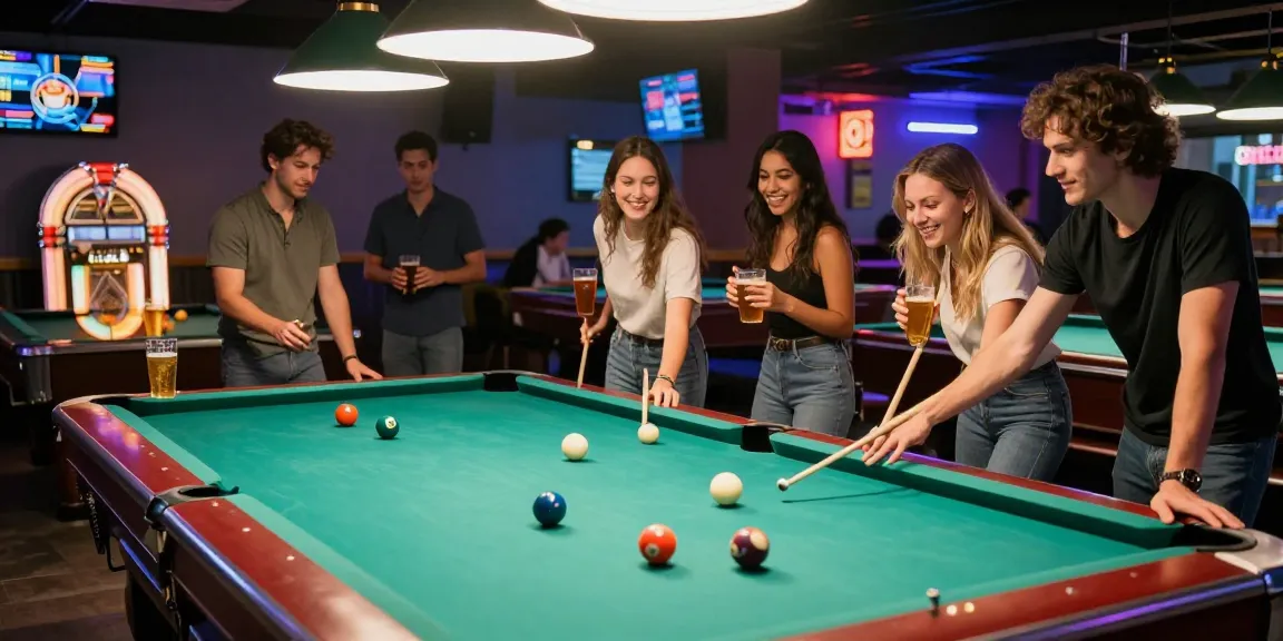 Billiard near me Mississauga - friends enjoying a competitive game of pool in a lively lounge with neon lights and craft beers.