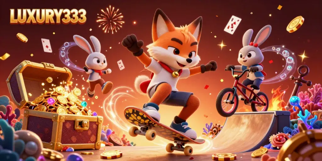 LUXURY333 illustrated scene with a skateboarder fox and BMX rabbit in a casino-themed vibrant setting.