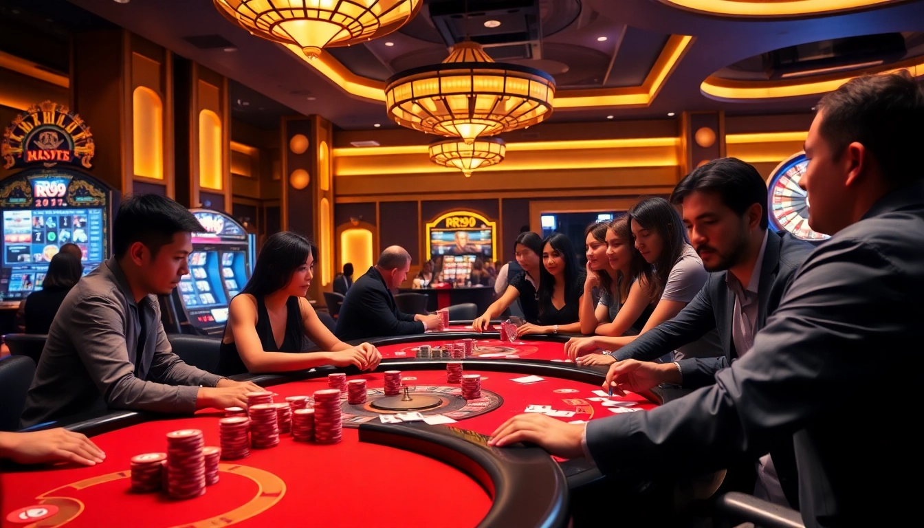 Gambling enthusiasts enjoying RR99 games at vibrant casino tables with lively ambiance.