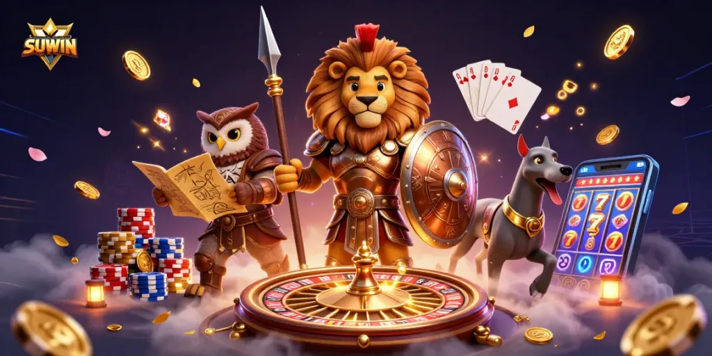 Suwin captivates players with immersive gaming elements featuring cascading coins, a live roulette wheel, and vibrant characters.