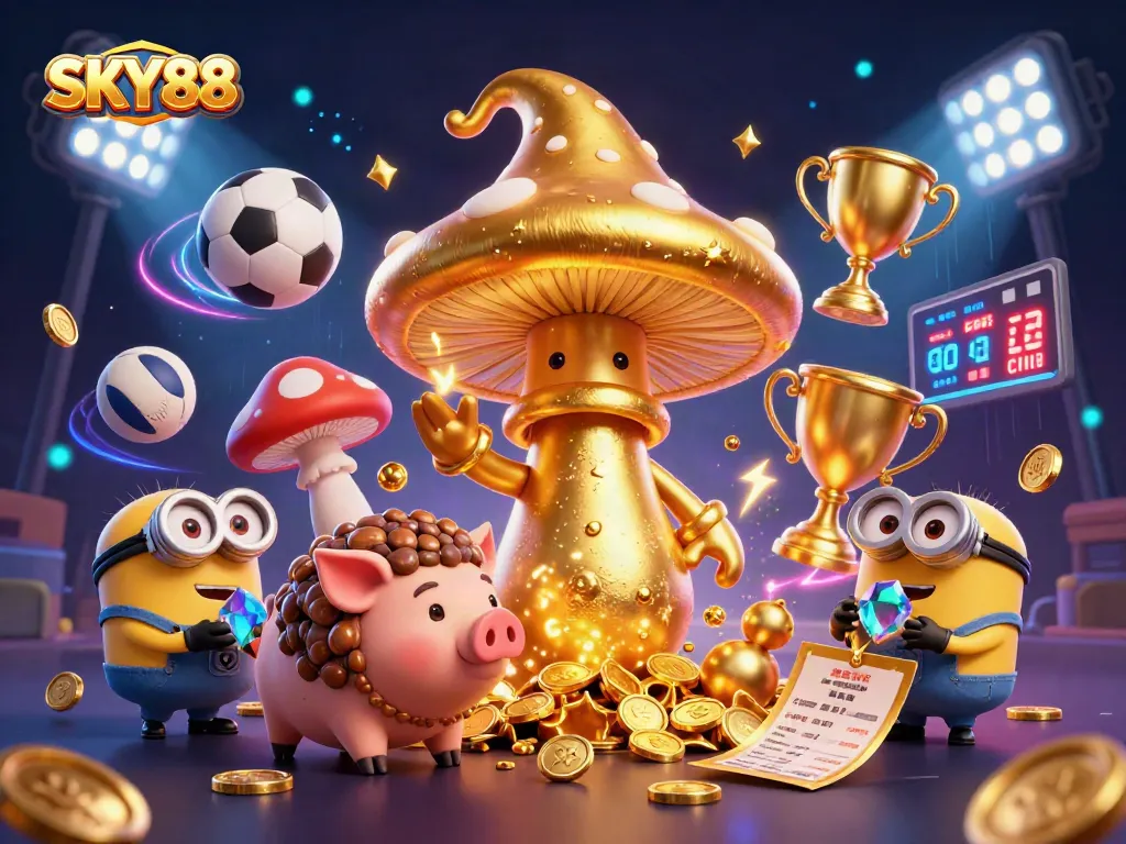 Experience thrilling gaming with SKY88's vibrant 3D magical scene featuring golden transformations and sports elements.