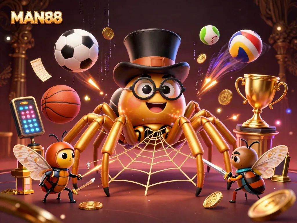 Experience winning with MAN88 in a vibrant casino scene featuring a golden tarantula and beetle knight.