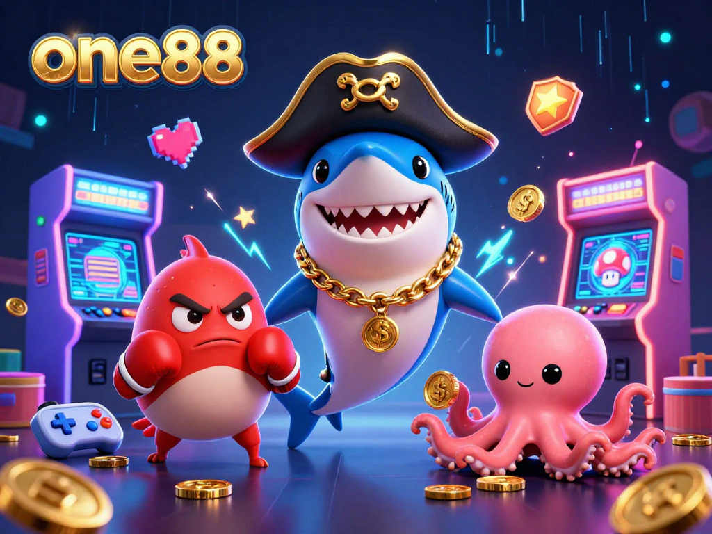Engage with the vibrant world of one88 featuring a playful pirate shark, boxing pufferfish, and coin-holding octopus!