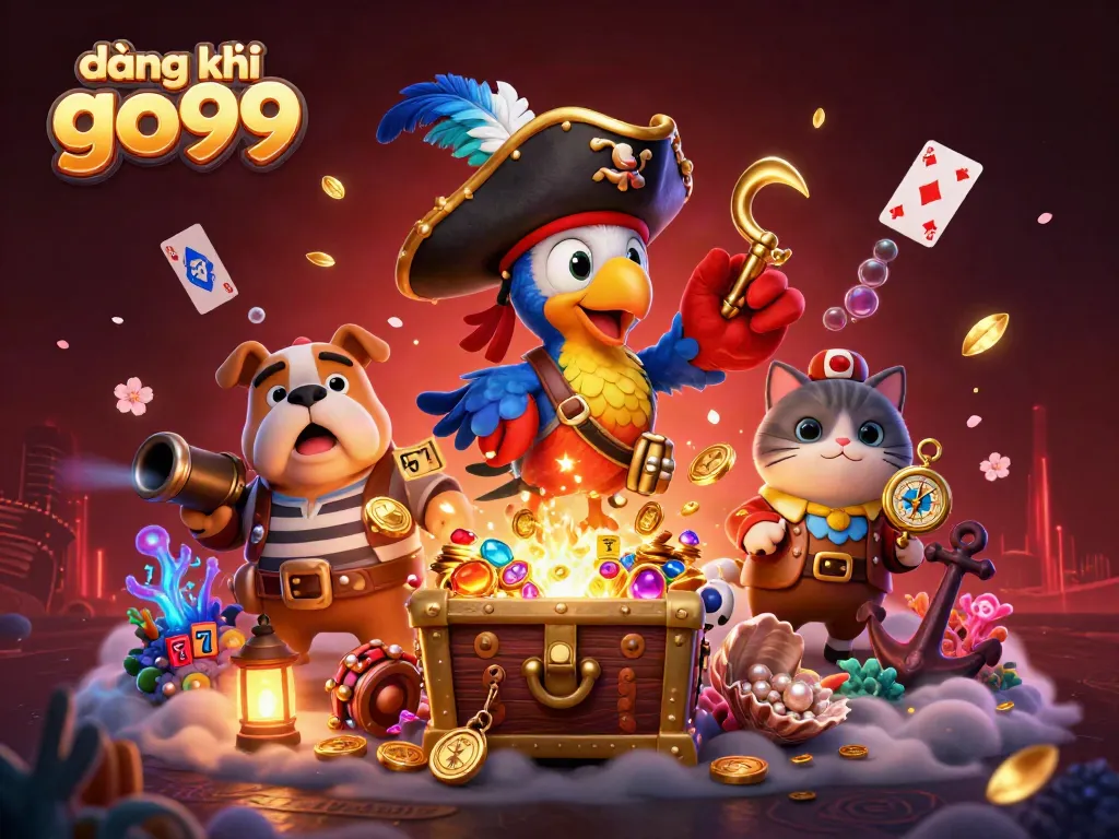 Experience the thrill of đăng ký go99 with colorful slot reels, pirate characters, and treasures in a vibrant scene.