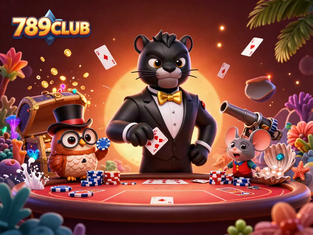 Engage in thrilling poker action at 789CLUB with colorful chips and dynamic character interactions.