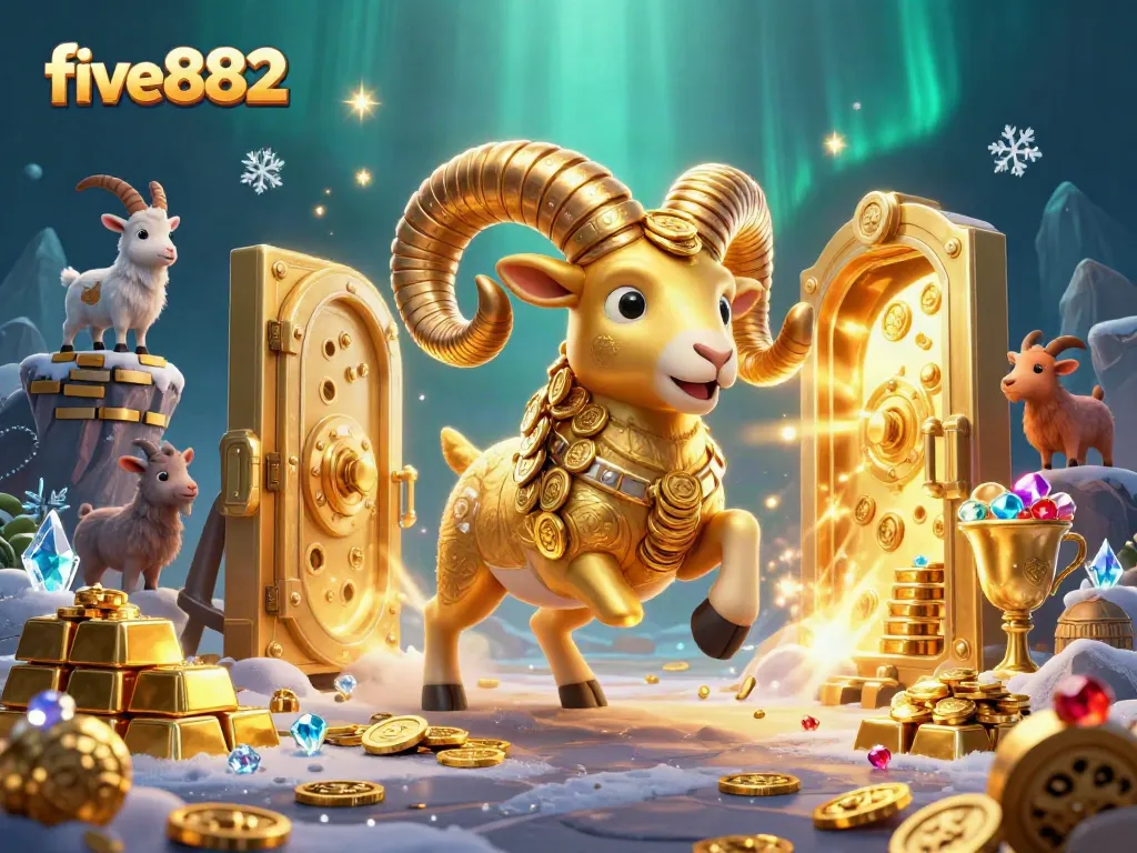 Experience the thrill of five882 with a vibrant scene showcasing a golden ram and treasure bursting forth.