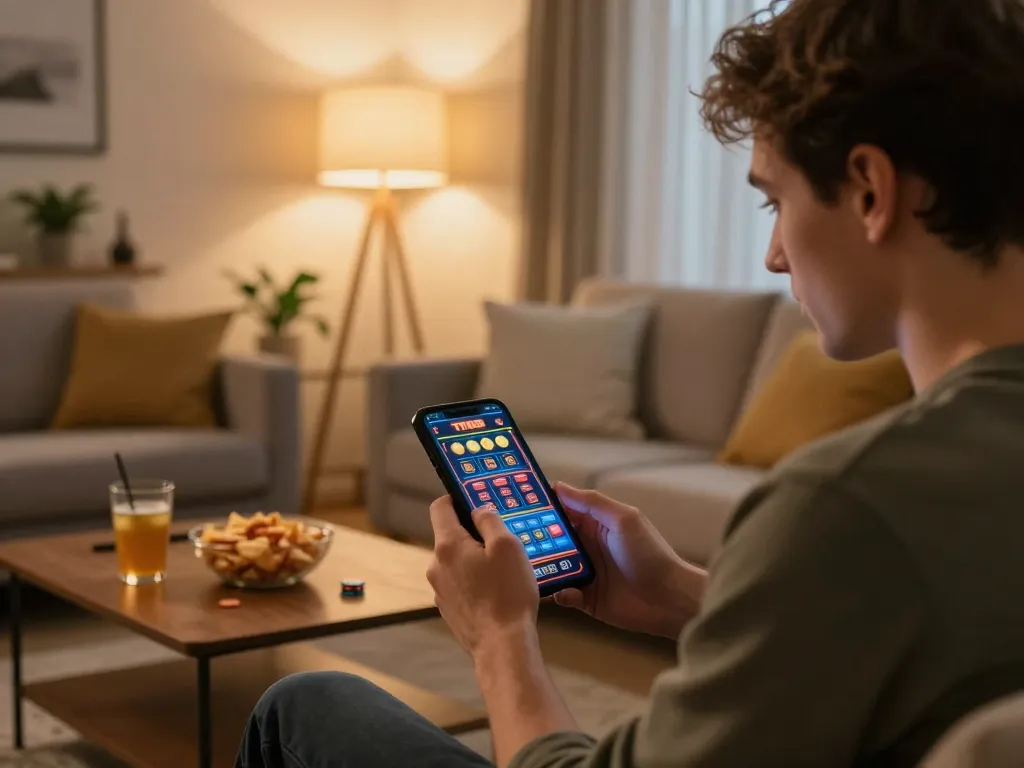 Player enjoys TR88 mobile gaming experience in cozy home setting while strategizing wins.