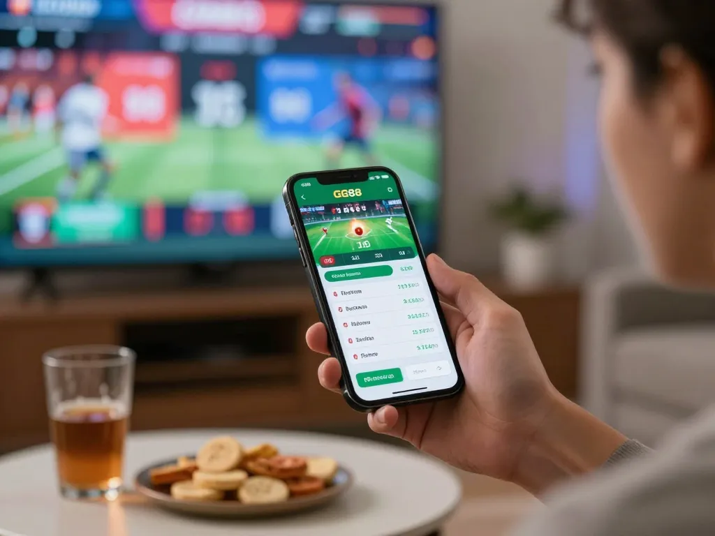 Engaging online sports betting action with the GG88 app in a cozy home setting.
