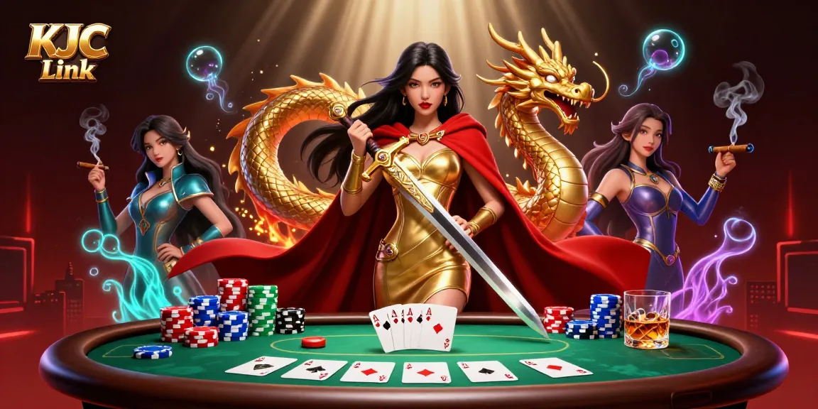 Experience thrilling gameplay at KJC Link with dynamic poker elements and a warrior queen surrounded by vibrant casino action.