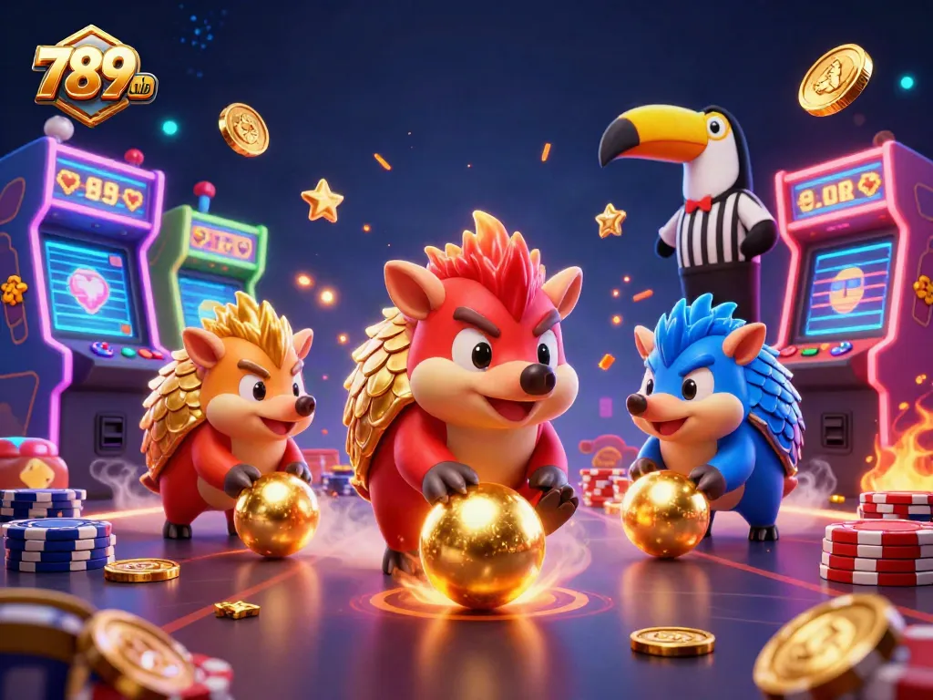 Engage with 789CLUB's thrilling gaming world as rival pangolins play through a colorful casino scene.