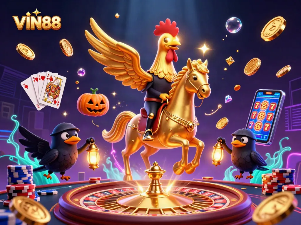 Experience the thrill of VIN88 with a golden rooster and casino elements in a vibrant digital scene.