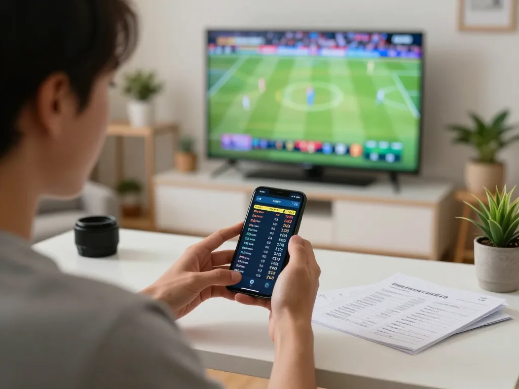 Person engaging in sports betting on 11bet through smartphone in a cozy home environment.
